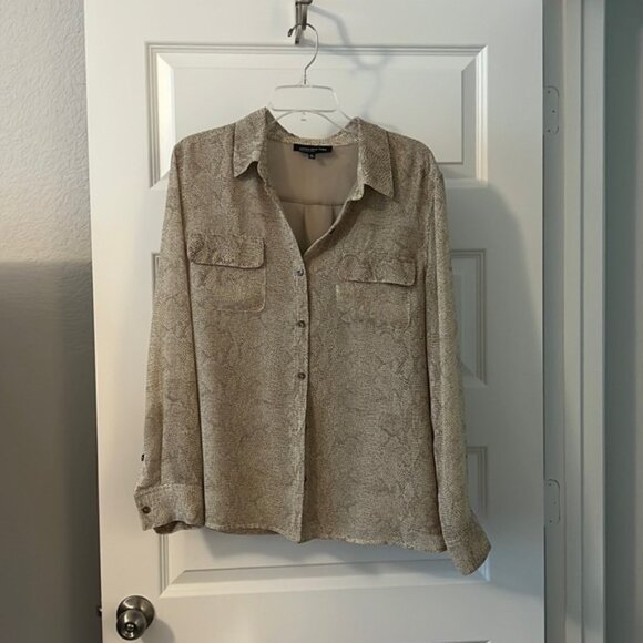 Jones New York tan off white sheer top size 16 snake skin print workwear lined - Picture 1 of 11